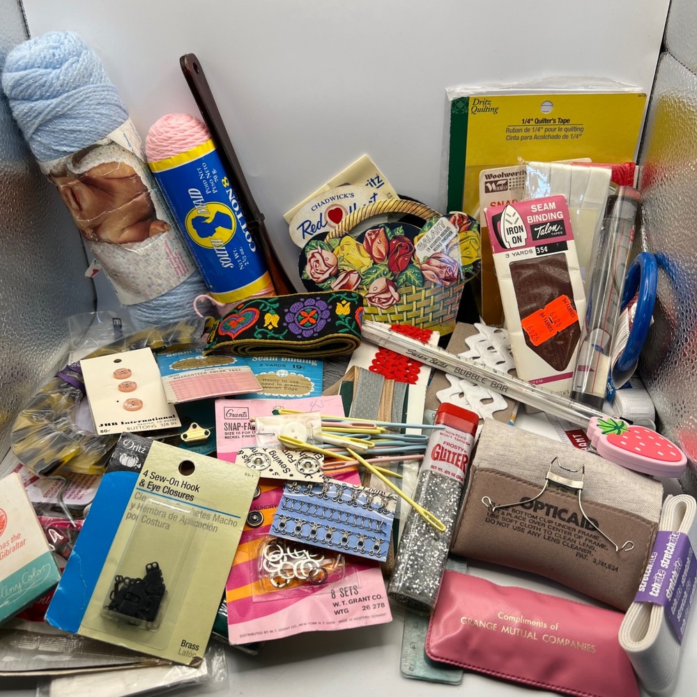 Junk Drawer Craft Supply Lot 2 lbs 50 Items VTG Sewing Needlework Fiber Arts